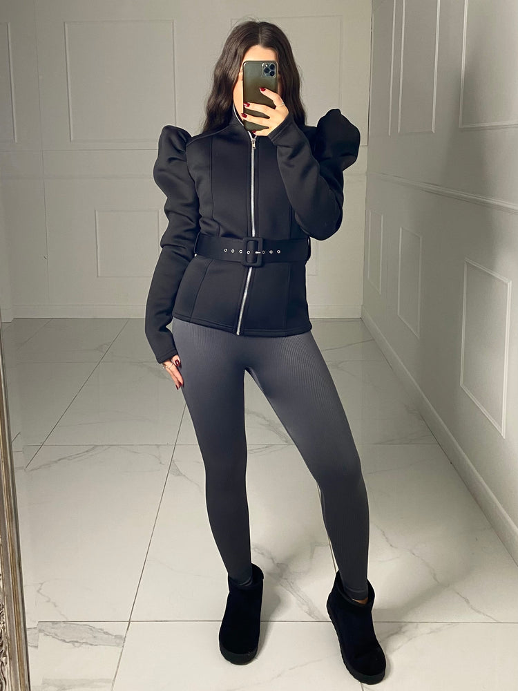 Puff Shoulder Belted Jacket - Black