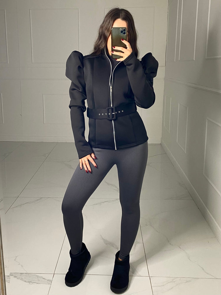 Puff Shoulder Belted Jacket - Black
