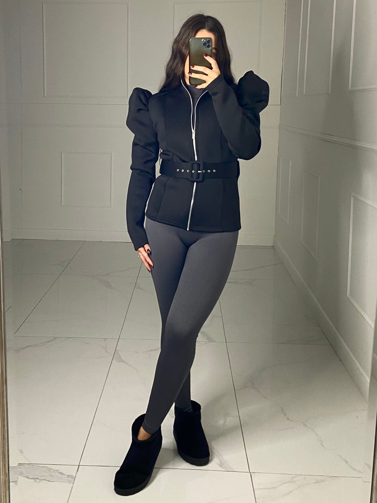 Puff Shoulder Belted Jacket - Black