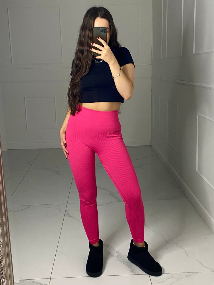 Seamless Ribbed Leggings - Hot Pink