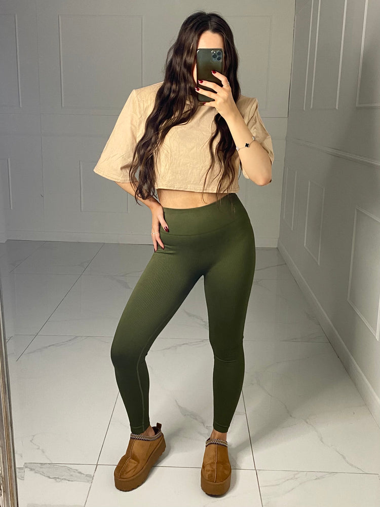 Seamless Ribbed Leggings - Dark Khaki