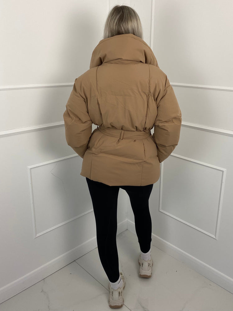 Short Belted Puffer Jacket- Beige
