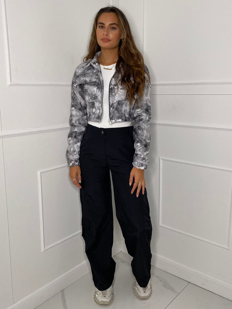 Collar Pocket Detail Cropped Jacket - Grey Marble