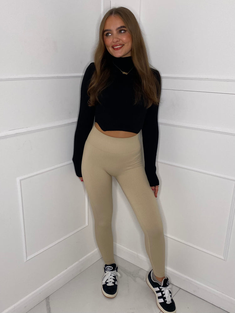 Seamless Ribbed Leggings - Light Beige