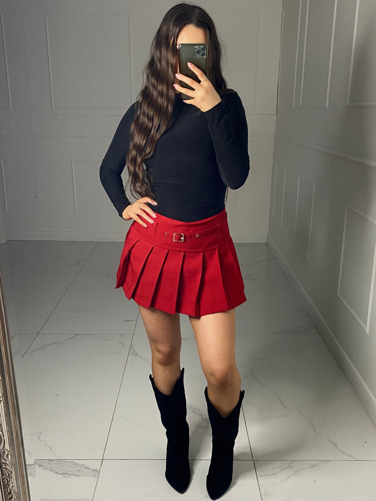 Pleated Detail Skort - Red plain