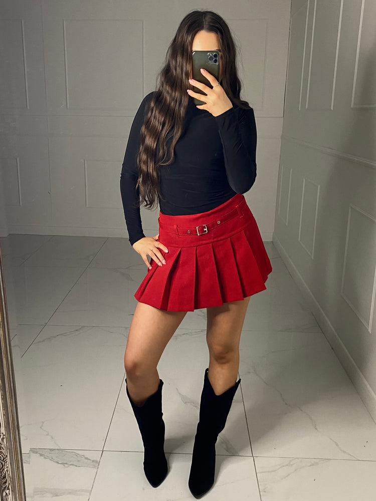 Pleated Detail Skort - Red plain