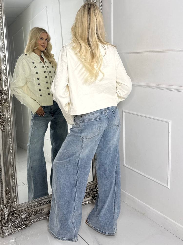Double Buttoned Front Detail Denim Jacket - Cream