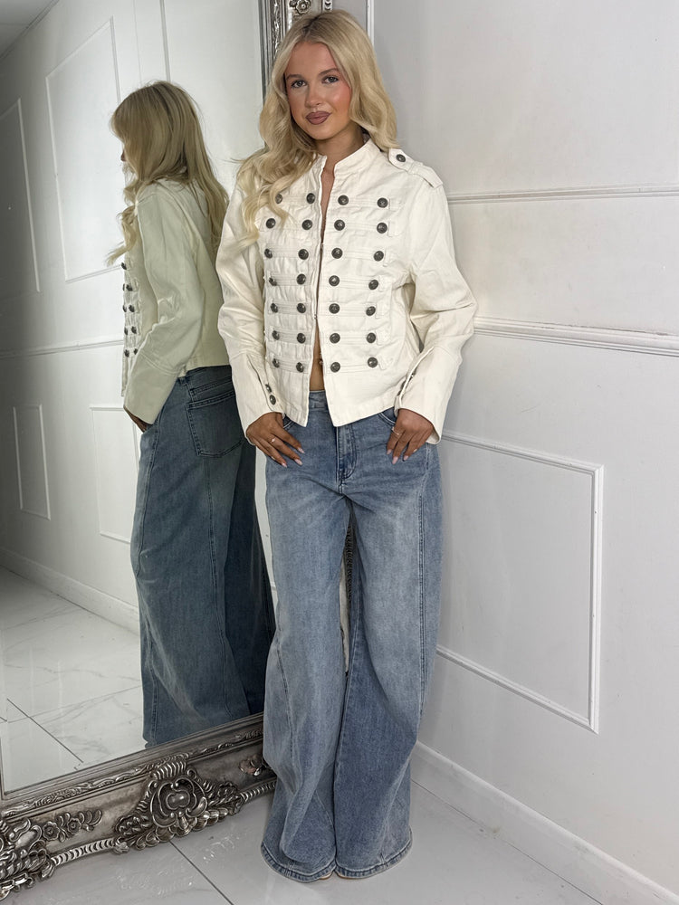 Double Buttoned Front Detail Denim Jacket - Cream