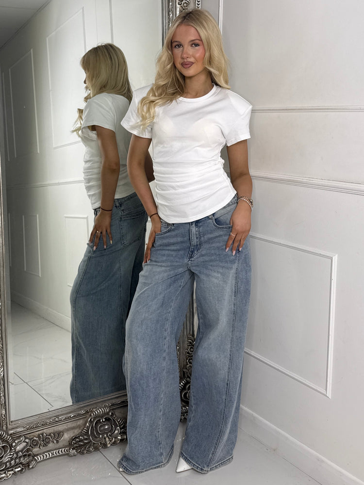Cinch Waist Shoulder Pad Tshirt - White