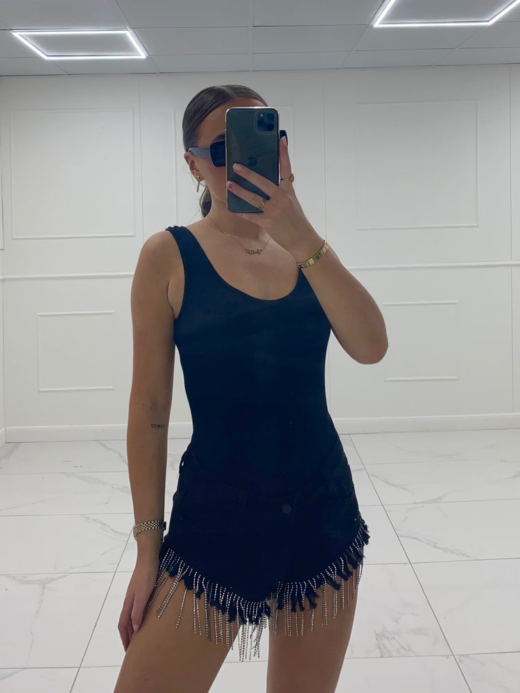 Diamante Trim Low Waisted Denim Shorts - Black