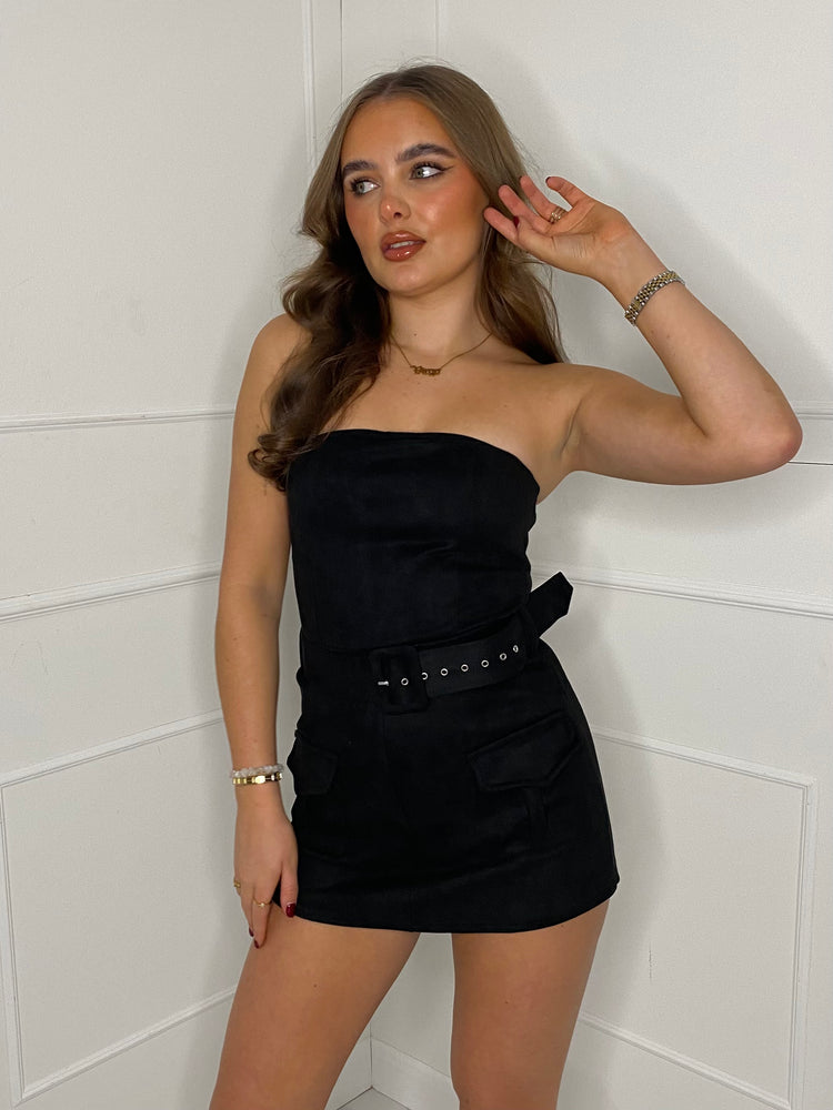Suede Belted Cargo Style Playsuit - Black