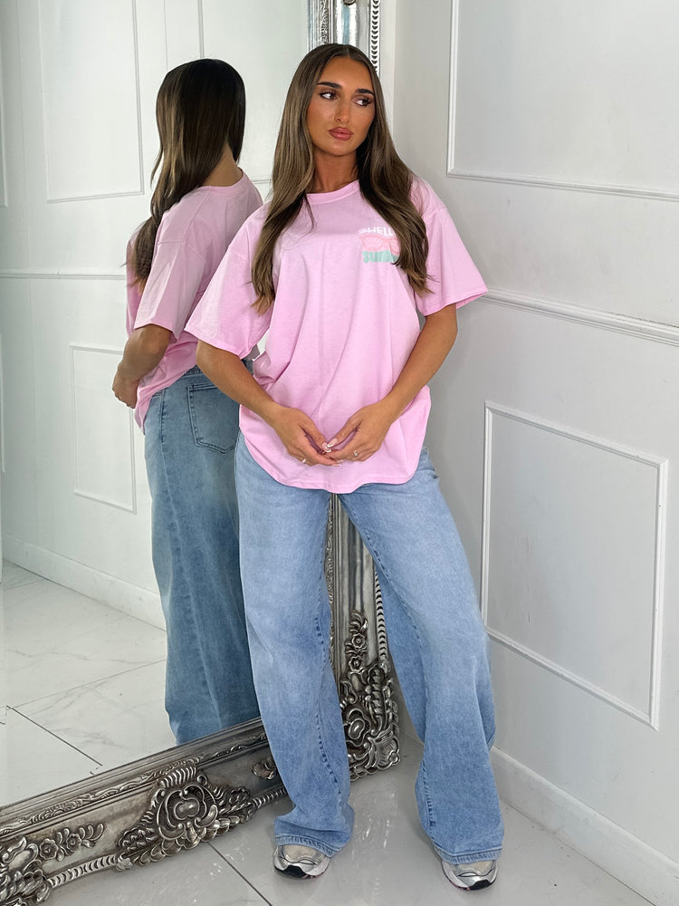 Hello Summer Vibes Print Tee - Baby Pink