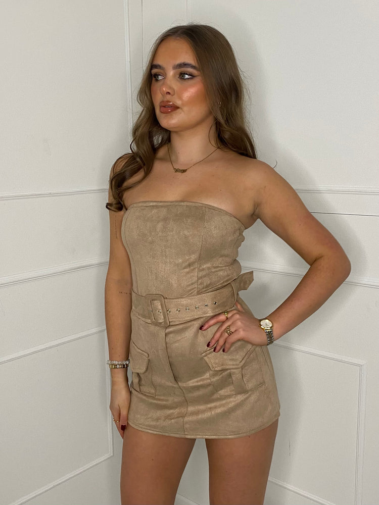 Suede Belted Cargo Style Playsuit - Beige