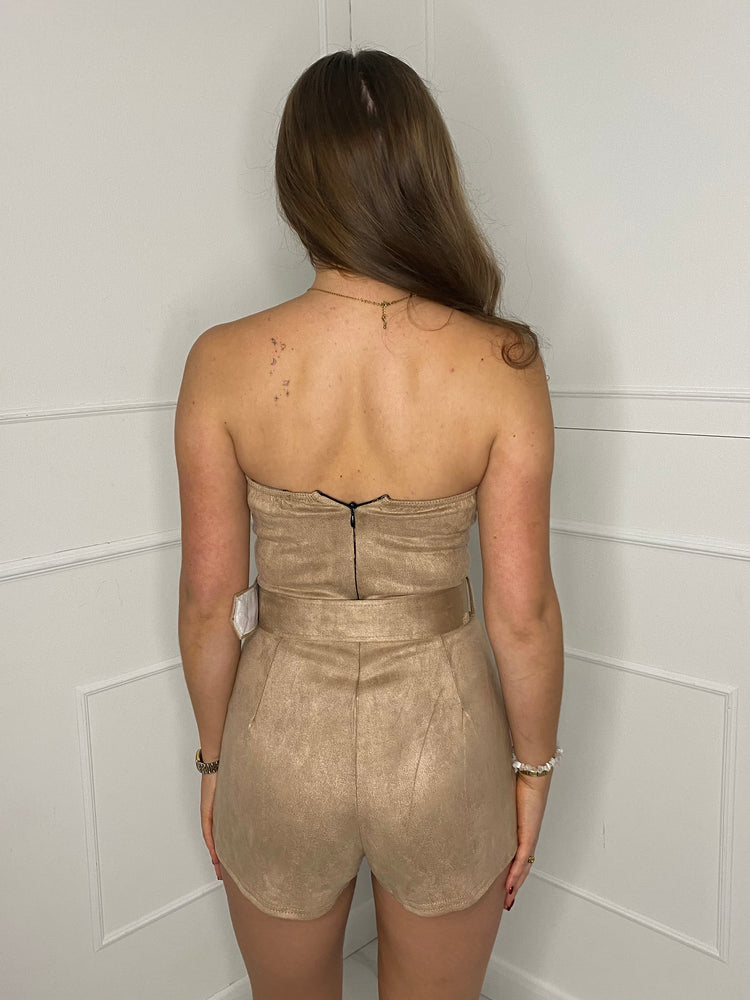 Suede Belted Cargo Style Playsuit - Beige