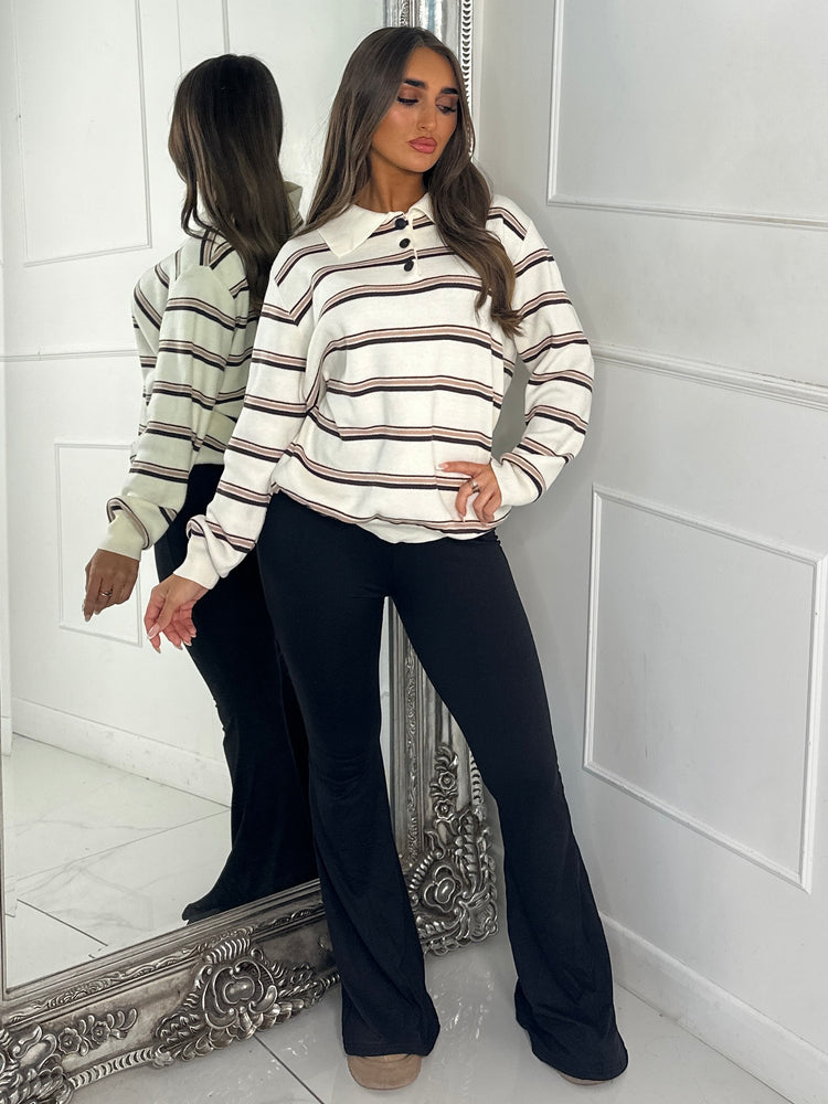 Striped Collared Button Jumper - Cream/Neutral