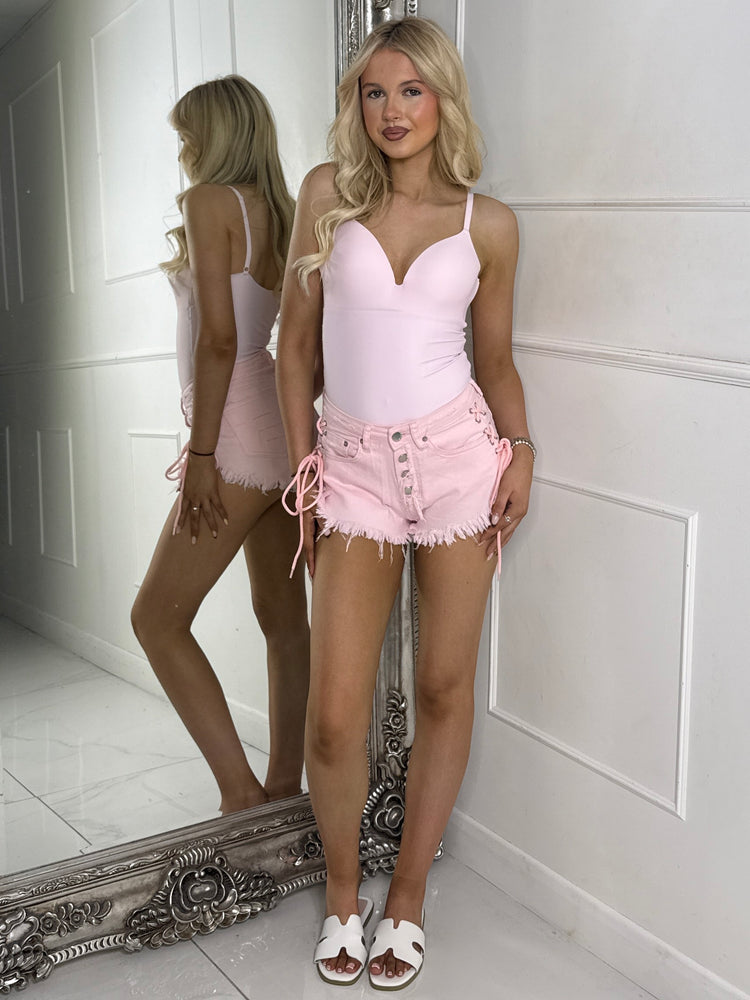 Lace Up String Denim Shorts - Baby Pink Denim /Baby Pink String