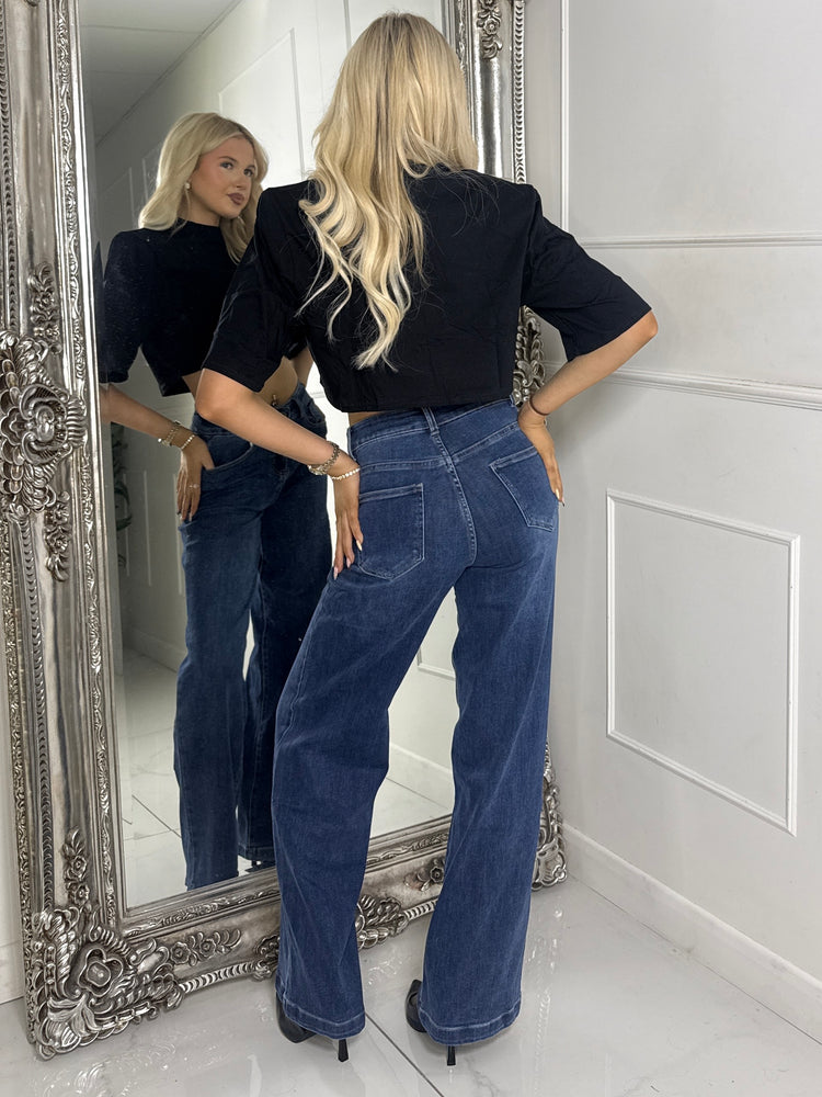 Straight Leg High Waisted Jeans - Dark Wash Blue