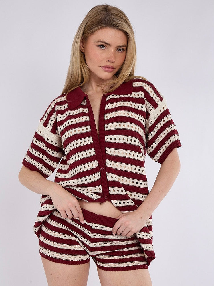 Stripe Crochet Knitted Shirt & Shorts Set - Wine