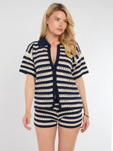 Stripe Crochet Knitted Shirt & Shorts Set - Black