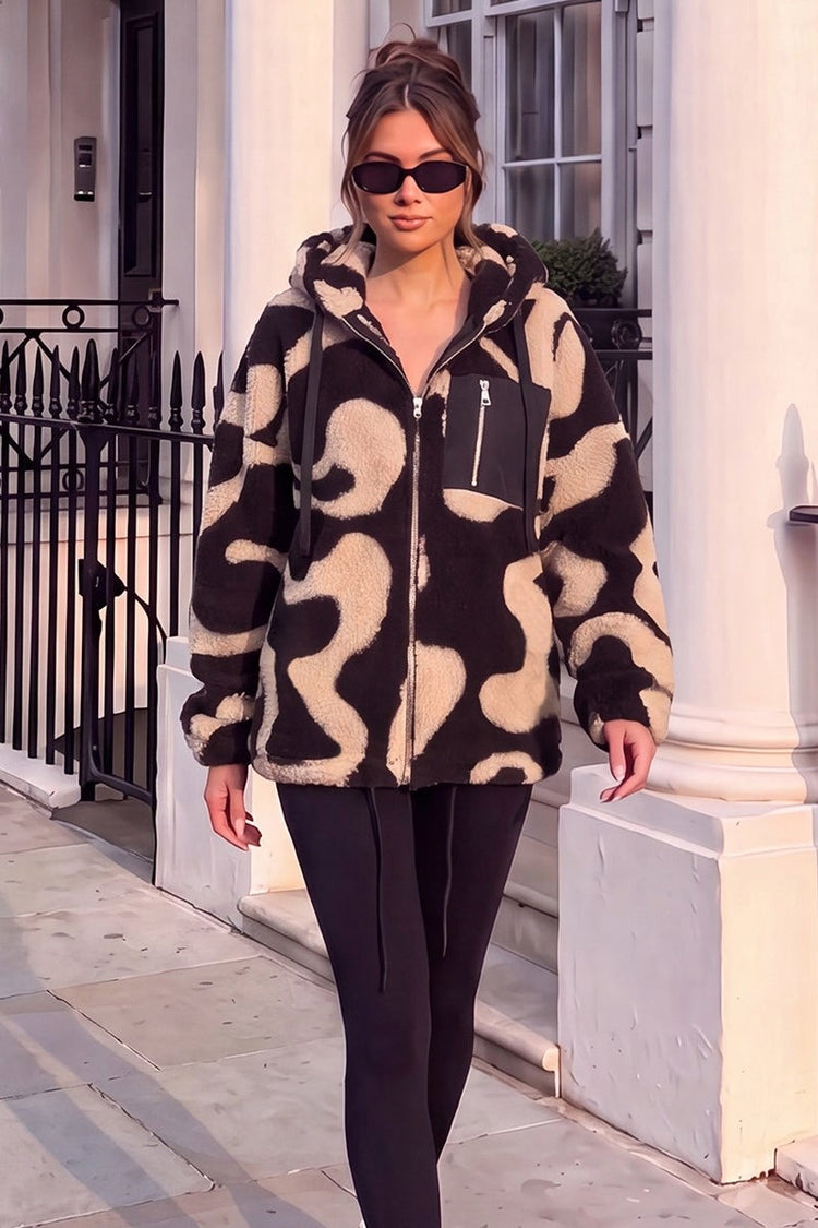 Black And Beige Swirl Print Pocket Detail Hooded Teddy Jacket