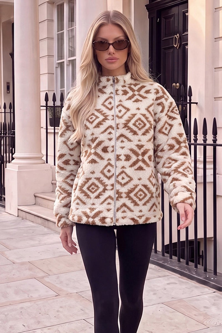 Camel Geo Print Zip-Up Teddy Jacket