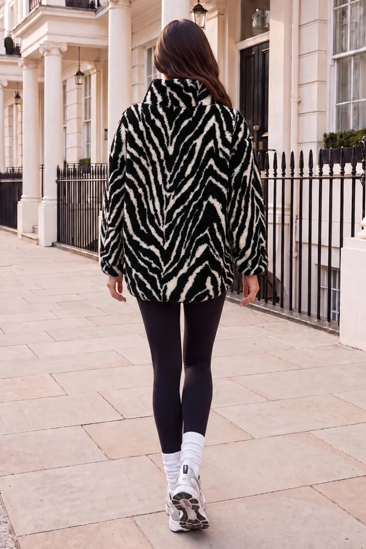 Black And Cream Animal Print Zip-Up Teddy Jacket
