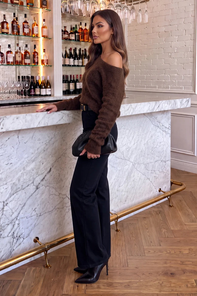 Chocolate Animal Print Brushed Knit Off The Shoulder Jumper