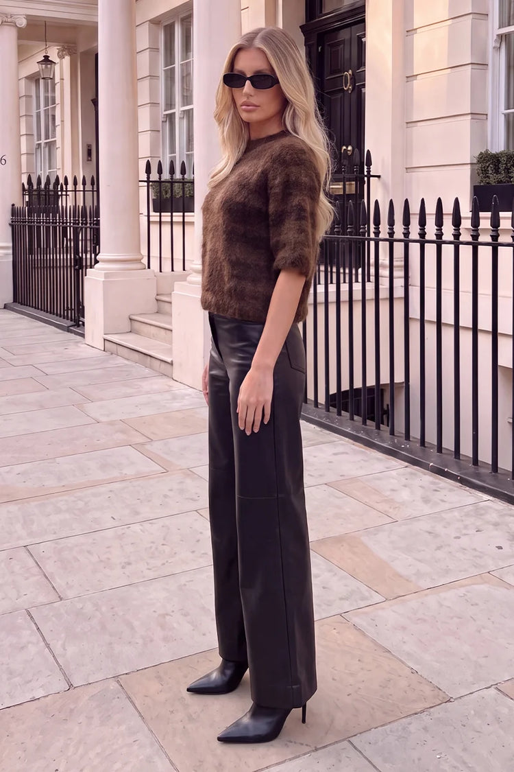 Chocolate Animal Print Brushed Knit Short Sleeve Jumper
