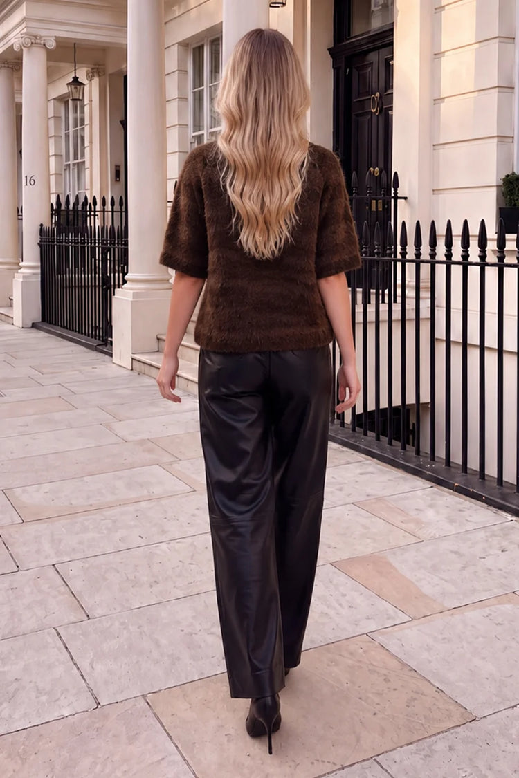 Chocolate Animal Print Brushed Knit Short Sleeve Jumper