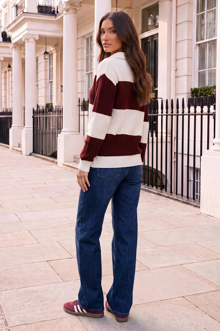 Cream and Burgundy Striped 1/4 Zip Knit Jumper