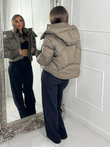 Cropped Puffer Coat With Hood- Khaki