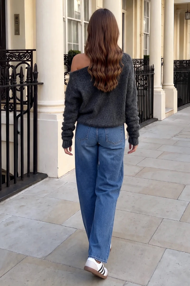 Grey Brushed Knit Off The Shoulder Jumper
