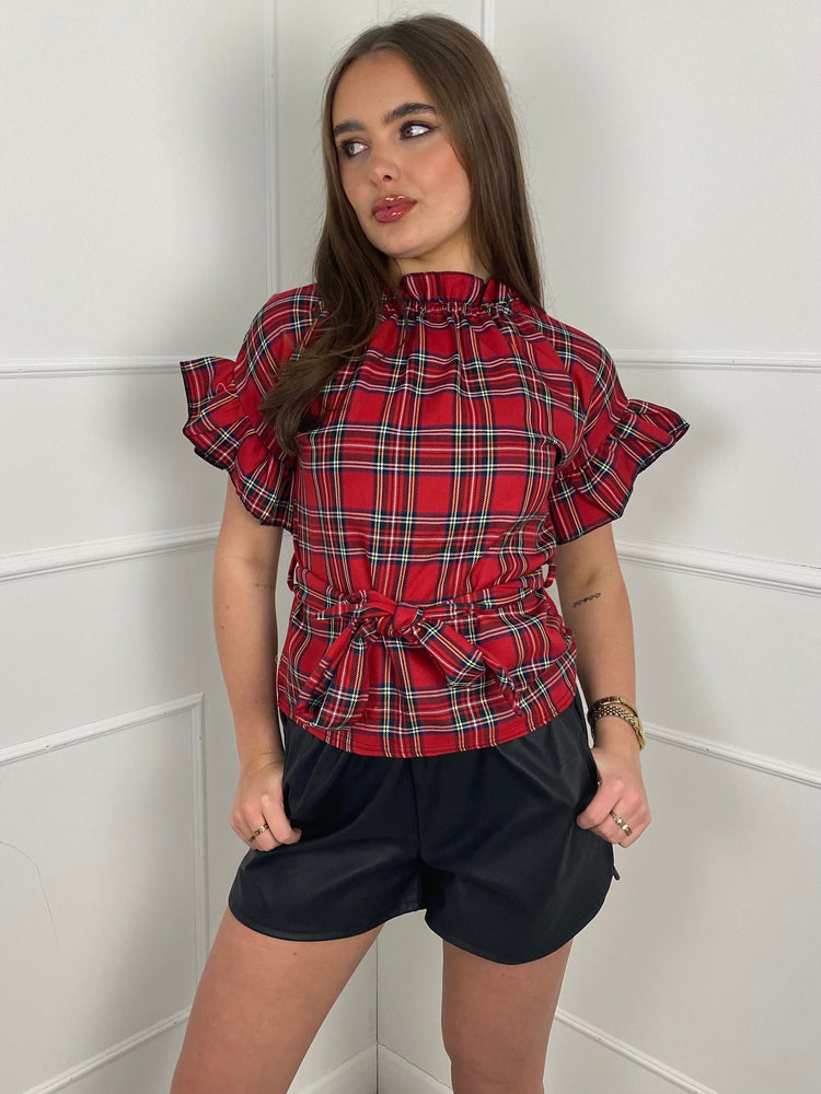 Frill Arm Detail Belted Top - Red Tartan