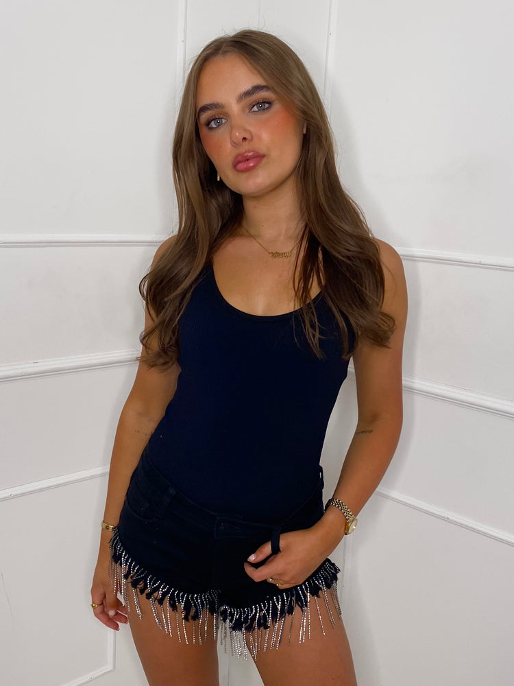 Diamante Trim Low Waisted Denim Shorts - Black