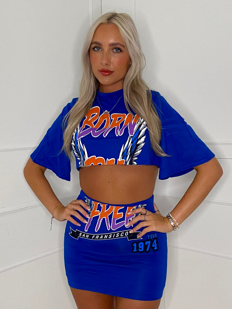 Cropped T-Shirt Co-ord - Royal Blue Born Free Print