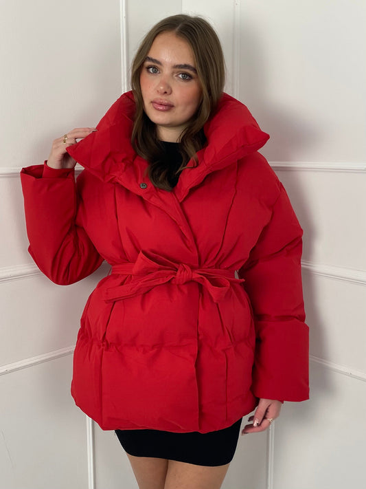 Short Belted Puffer Jacket - Red