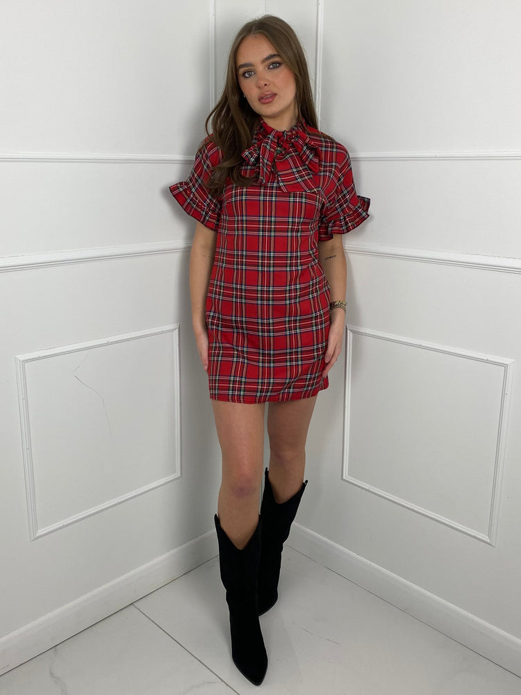 Printed Short Sleeve Bow detail Dress- Red Tartan