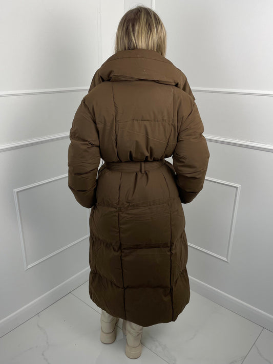 Long Belted Puffer Coat- Brown