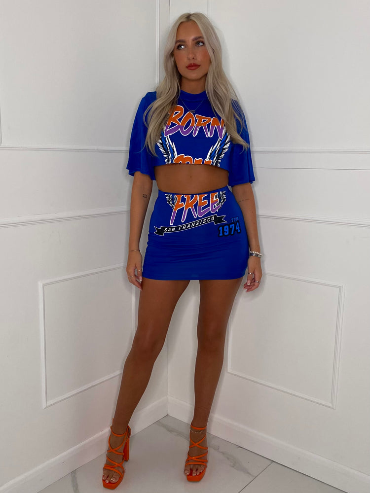 Cropped T-Shirt Co-ord - Royal Blue Born Free Print
