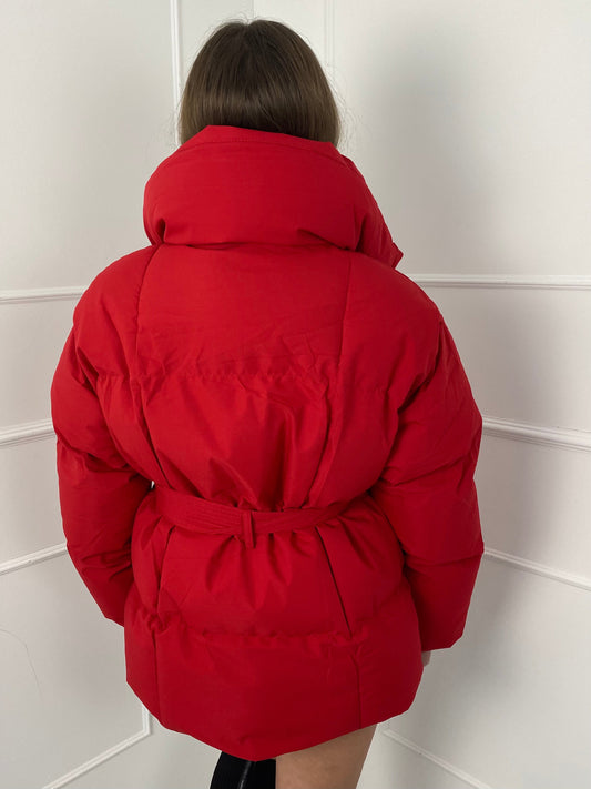 Short Belted Puffer Jacket - Red