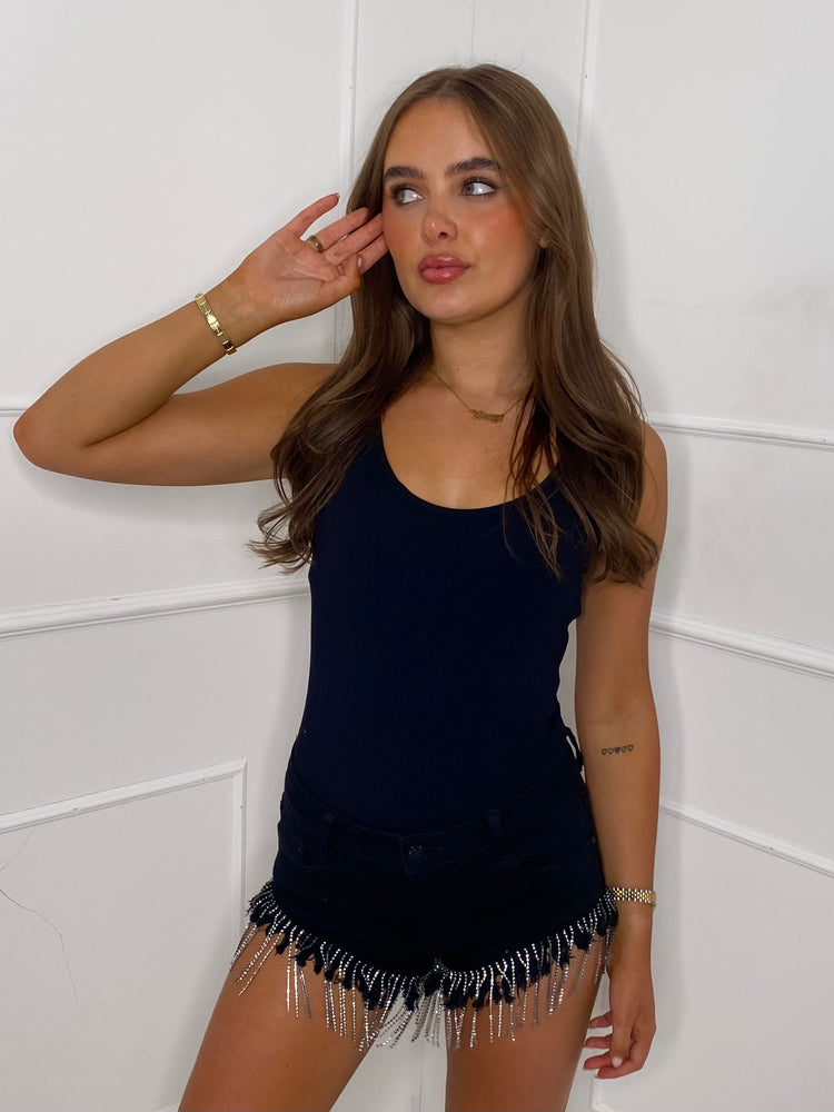 Diamante Trim Low Waisted Denim Shorts - Black