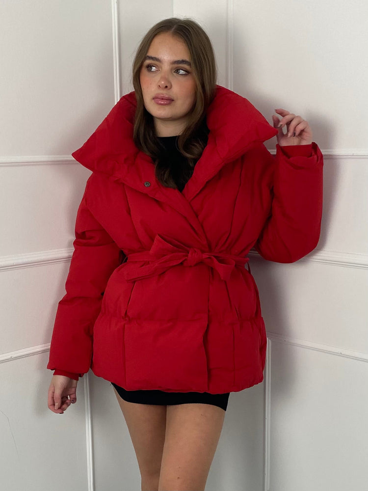 Short Belted Puffer Jacket - Red