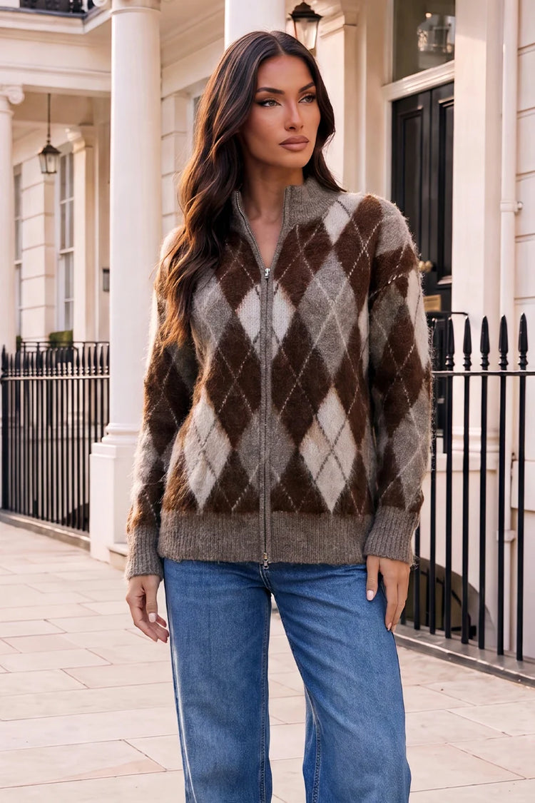 Multi Argyle Zip-Up Brushed Knit Cardigan