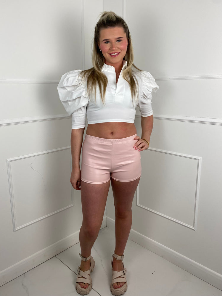 Low Waisted Matte PVC Shorts- Baby Pink