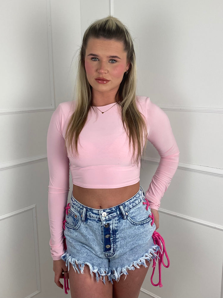 Padded Shoulder Long Sleeve Crop Top- Baby Pink