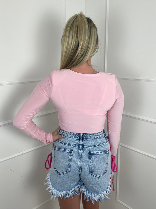 Padded Shoulder Long Sleeve Crop Top- Baby Pink