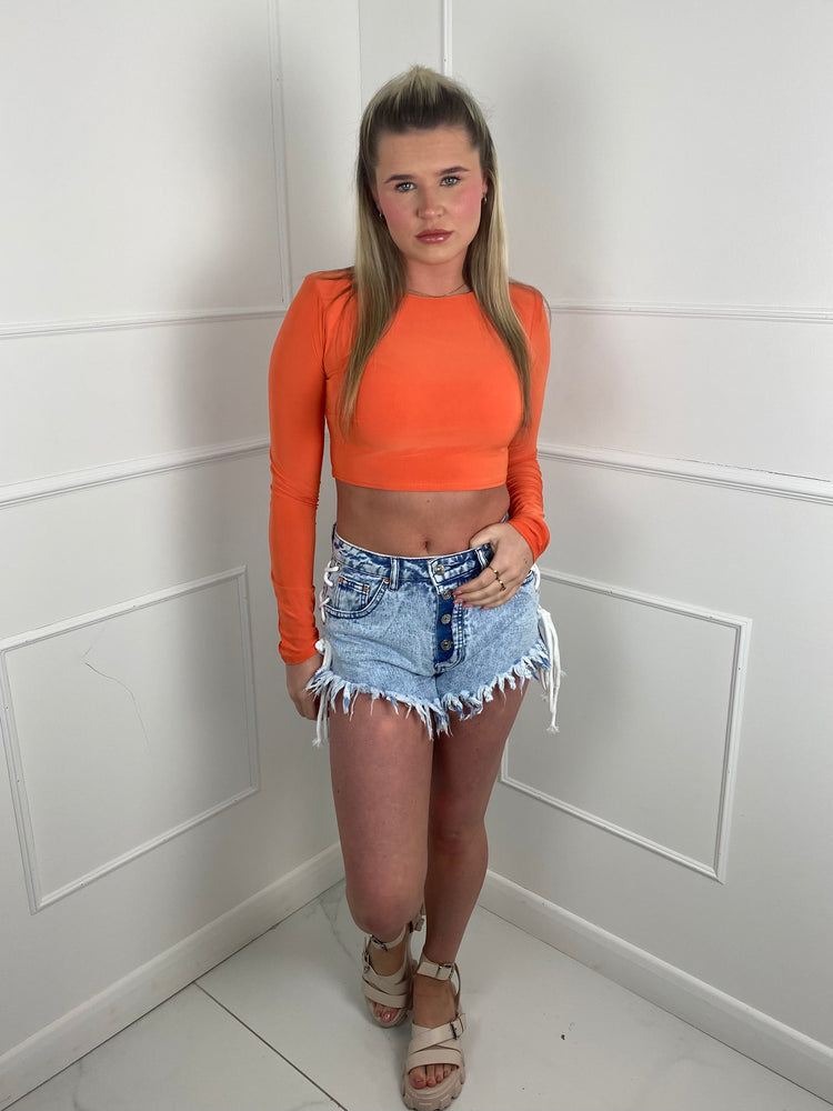 Padded Shoulder Long Sleeve Crop Top- Orange