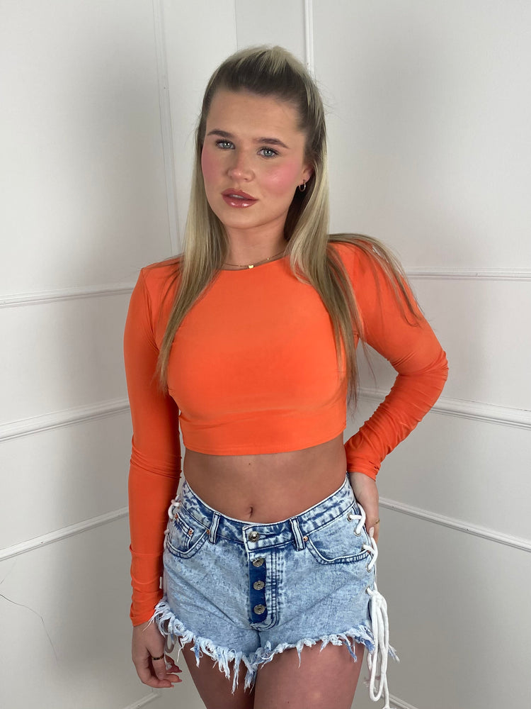 Padded Shoulder Long Sleeve Crop Top- Orange