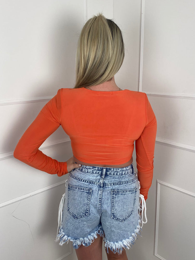 Padded Shoulder Long Sleeve Crop Top- Orange