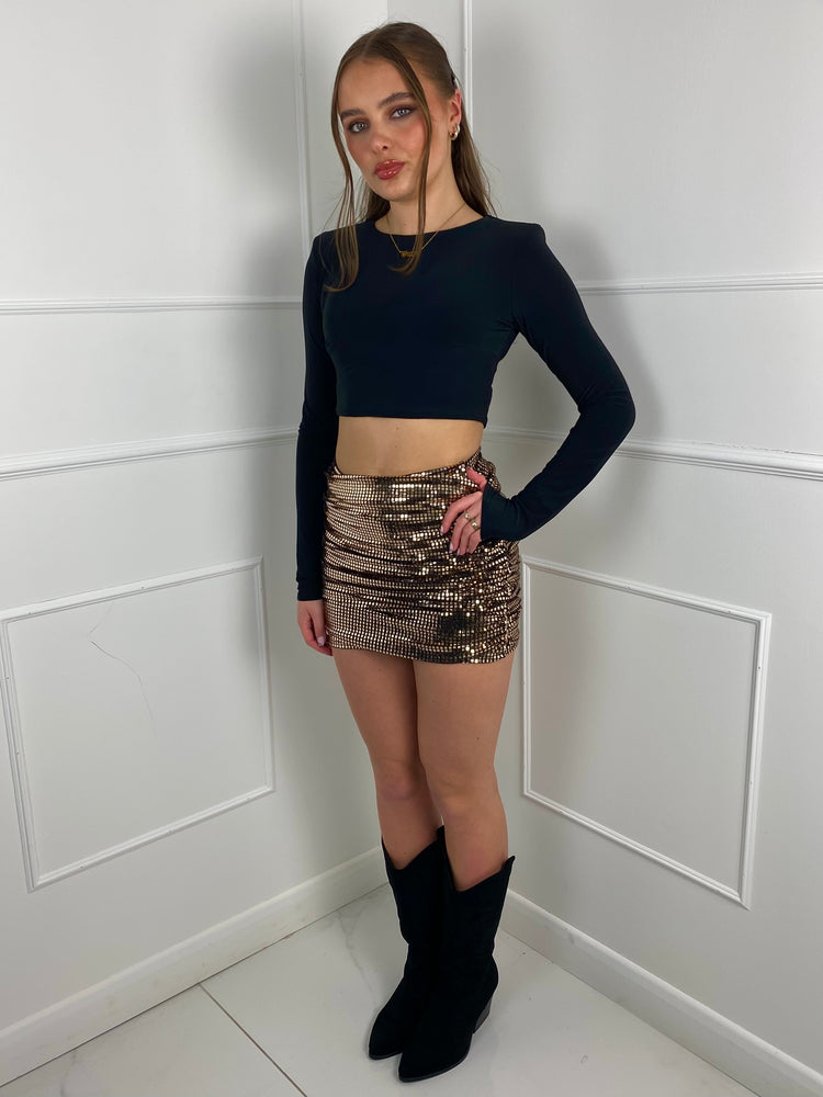 Square Sequin Ruched Back Skirt - Gold